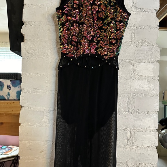 BLACK MOCK NECK BIKETARD WITH SHEER MESH AND IRIDESCENT SEQUIN DETAILING - Picture 9 of 11